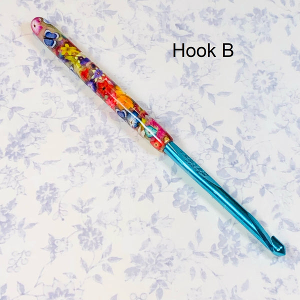 Susan Bates H/8 Polymer Clay Covered Crochet Hook - Blue Flowers and Translucent Butterflies