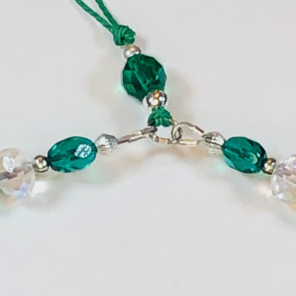 Handmade Beaded Mobile Phone Strap Charm - Green and White Faceted Crystals and Glass Beads