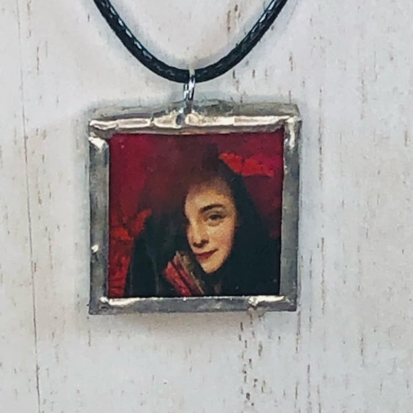 Handmade Reversible Glass and Silver Soldered Charm Pendant Necklace - 1"x 1" - Girl in Blue Dress