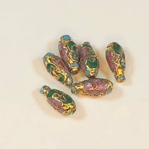 Vintage Enamel Cloisonné Gold Flower Small Oval Bead 13mmx6mm - Set of Two