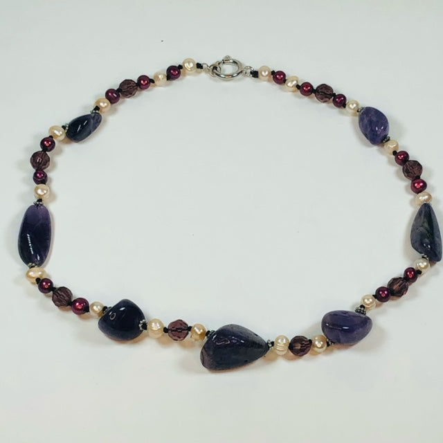 Beautiful 18" Handmade Amethyst Freshwater Pearl and Crystal Necklace