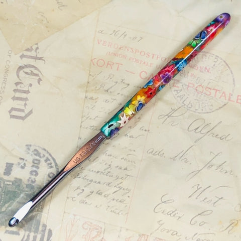 Polymer Clay Covered Crochet Hook - Susan Bates - Size F/5 3.75mm - Flowers and Blue Butterflies jennrossdesigns.com