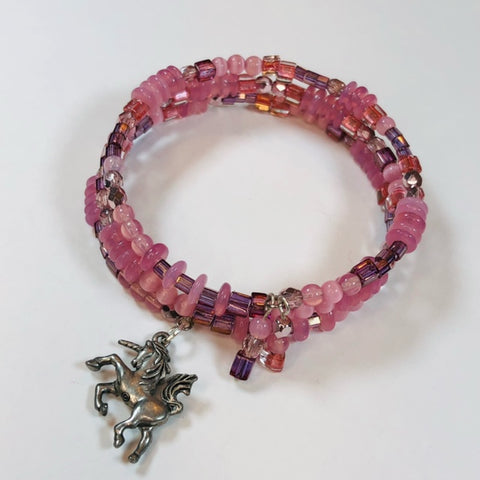 Beaded Pink Unicorn Memory Wire Wrap Bracelet