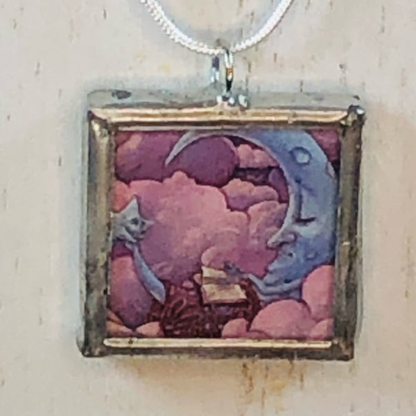 Handmade Reversible Glass and Silver Soldered Pendant - 1"x 1" - Relaxing Moon - jennrossdesigns.com