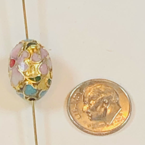 Vintage Enamel Cloisonné Gold Flower Bead Oval 18mm x 12mm Focal Bead