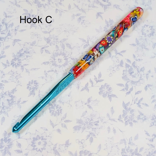 Susan Bates H/8 Polymer Clay Covered Crochet Hook - Blue Flowers and Translucent Butterflies