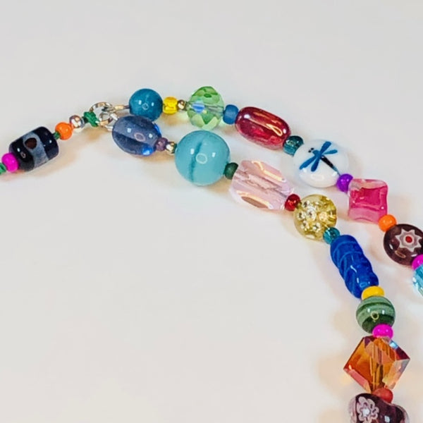Handmade Beaded Mobile Phone Strap Charm - Multicolored Beads with White and Blue Dragonfly Bead