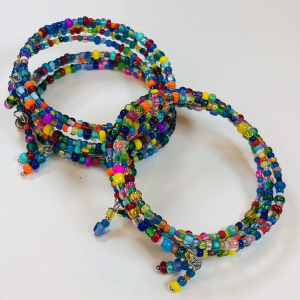 Boho Style Four Tiered Memory Wire Multicolored Seed Bead Wrap Bracelet