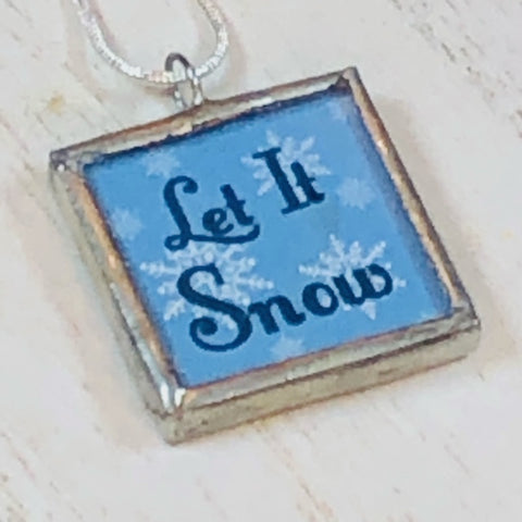 Handmade Reversible Glass and Silver Soldered Pendant - 1"x 1" - Let It Snow