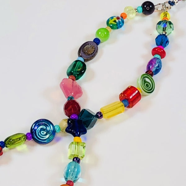 Handmade Beaded Mobile Phone Strap Charm - Multicolored Beads with Blue Furnace Glass