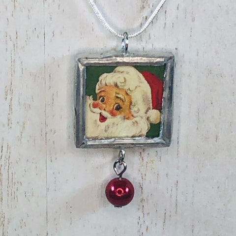 Handmade Reversible Glass and Silver Soldered Charm Pendant Necklace - 1"x 1" - Happy Santa  jennrossdesigns.com