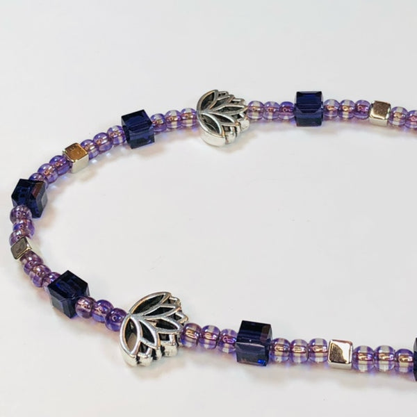 Handmade Mobile Phone Strap Charm - Purple Crystals and Glass Beads with Lotus Charms