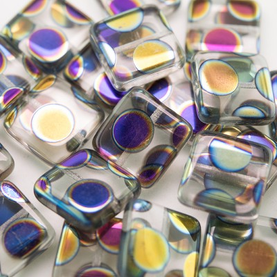 Handmade Czech Glass Square Bead Dangle Earrings - Clear Rainbow Peacock Design