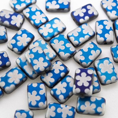 Handmade Dangle Earrings - Silver Flowers on Blue Field - Czech Glass Beads Matte Finish