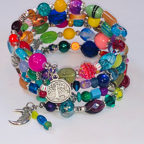 Handmade Bohemian Style Beaded Memory Wire Bracelet - Five Tiers