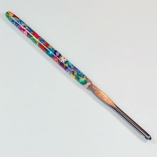 Polymer Clay Covered Crochet Hook - Susan Bates - Size F/5 3.75mm - Flowers and Blue Butterflies