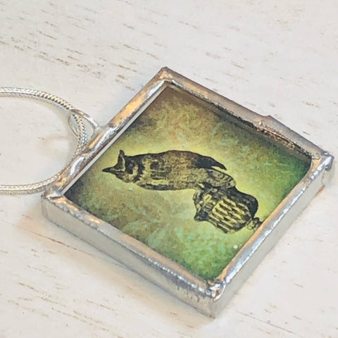 Handmade Double-Sided Glass and Silver Soldered Charm Pendant Necklace - 1"x 1" - Pewter Finish - Perching Owl and Love Potion