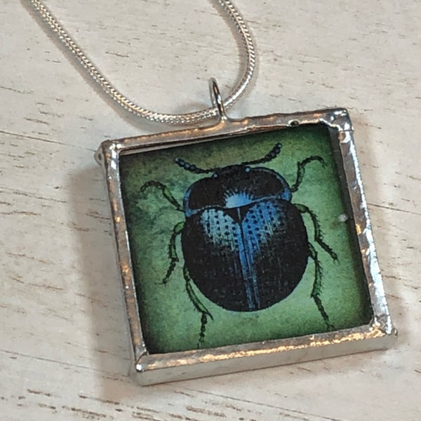 Handmade Double-Sided Glass and Silver Soldered Charm Pendant Necklace - 1"x 1" - Pewter Finish - Winged Horse and Blue Beetle