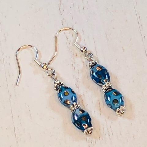 Handmade Dangle Earrings - Blue Czech Glass Beads with Peacock Effect Finish jennrossdesigns.com