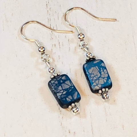 Blue and Silver Czech Glass Metallic Beaded Earrings Jenn Ross Designs