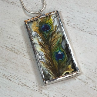 Handmade Double-Sided Glass and Silver Soldered Charm Pendant Necklace - 1"x 2" - Silvergleem Finish - Peacock Feather