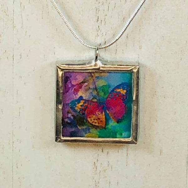 Handmade Reversible Glass and Silver Soldered Charm Pendant Necklace - 1"x 1" - Pretty Butterflies