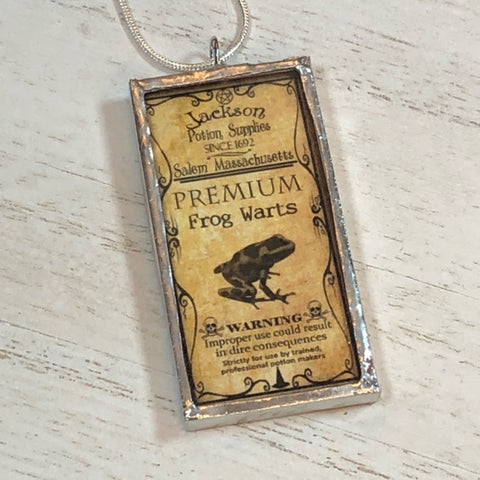 Handmade Double-Sided Glass and Silver Soldered Charm Pendant Necklace - 1"x 2" - Pewter Finish - Hemlock Root and Frog Warts