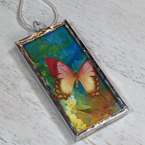 Handmade Double-Sided Glass and Silver Soldered Charm Pendant Necklace - 1"x 2" - Silvergleem Finish - Pretty Butterflies