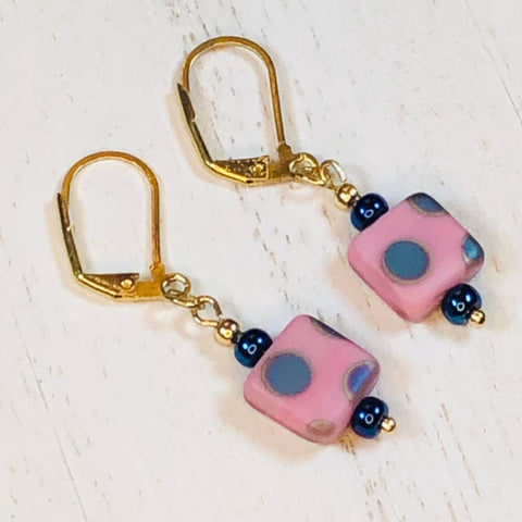 Handmade Dangle Pink Dotted Earrings with Matte Peacock Finish Czech Glass Beads