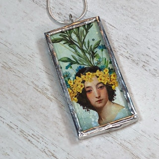 Handmade Double-Sided Glass and Silver Soldered Charm Pendant Necklace - 1"x 2" - Silvergleem Finish - Woman with Floral Crown