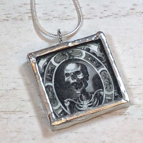 Handmade Double-Sided Glass and Silver Soldered Charm Pendant Necklace - 1"x 1" - Pewter Finish - Woman in Headscarf and Screaming Skeleton