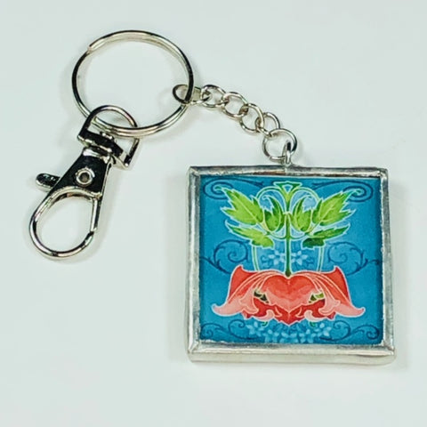 Handmade Glass and Silver Soldered Reversible Keychain - Lead Free Pewter Finish - Art Nouveau Tiles