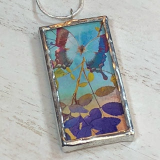 Handmade Double-Sided Glass and Silver Soldered Charm Pendant Necklace - 1"x 2" - Silvergleem Finish - Lovely Butterflies