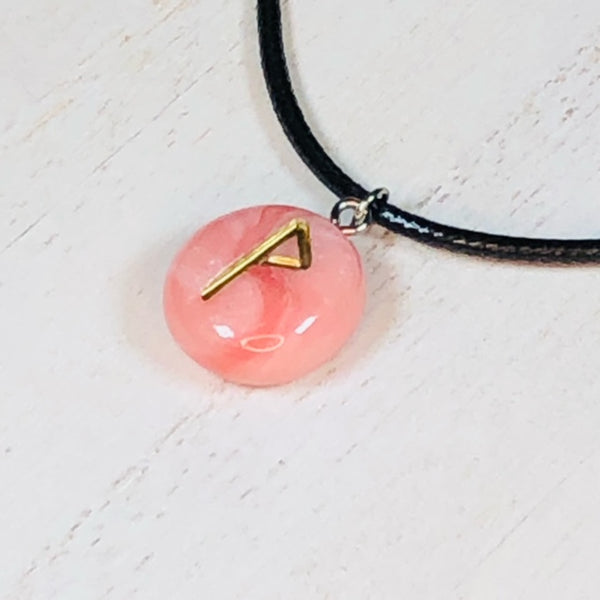 Handmade Polymer Clay Rune Pendant - Faux Rose Quartz - Wunjo