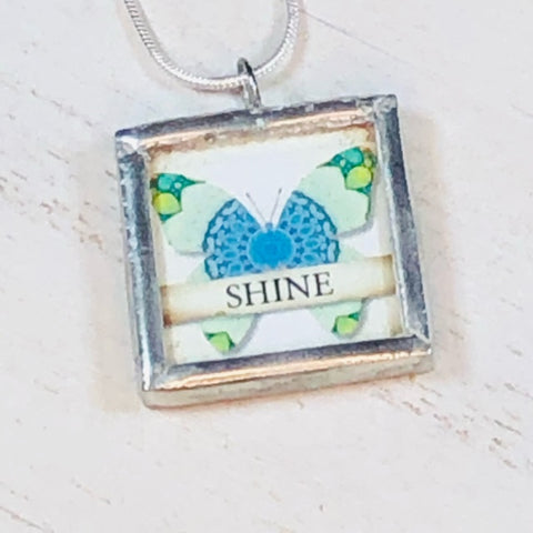 Handmade Reversible Glass and Silver Soldered Charm Pendant Necklace - 1"x 1" - Pewter Finish - SHINE