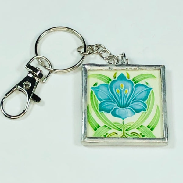 Handmade Glass and Silver Soldered Reversible Keychain - Lead Free Pewter Finish - Art Nouveau Tiles