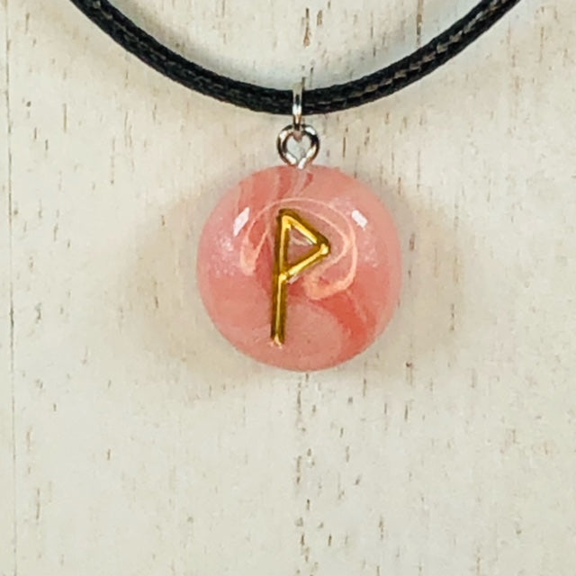 Handmade Polymer Clay Rune Pendant - Faux Rose Quartz - Wunjo