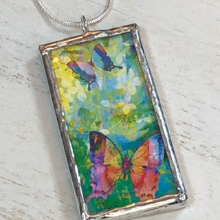 Handmade Double-Sided Glass and Silver Soldered Charm Pendant Necklace - 1"x 2" - Silvergleem Finish - Lovely Butterflies