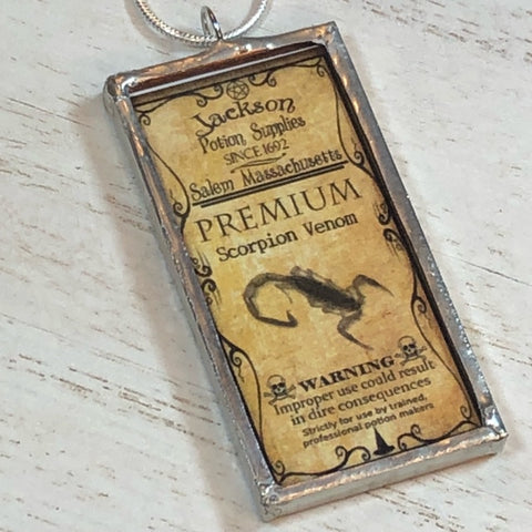 Handmade Double-Sided Glass and Silver Soldered Charm Pendant Necklace - 1"x 2" - Pewter Finish - Scorpion Venom and Black Ant Serum