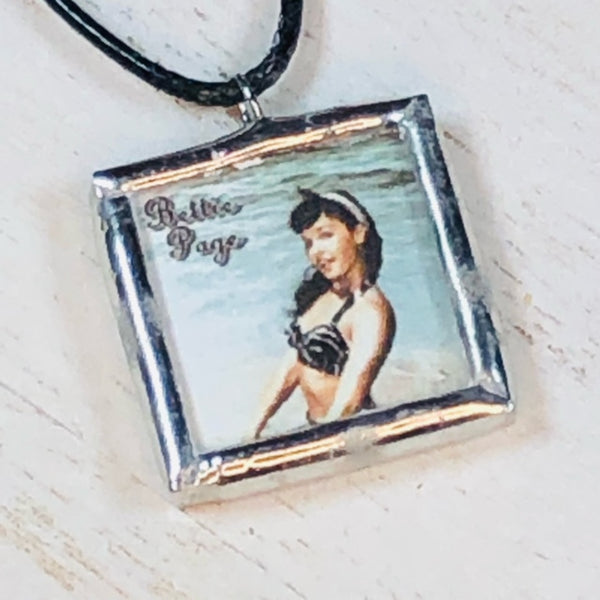 Handmade Reversible Glass and Silver Soldered Charm Pendant Necklace - Pewter Finish - 1"x 1" - Bettie Page