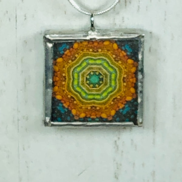 Handmade Reversible Glass and Silver Soldered Charm Pendant Necklace - 1"x 1" - Pewter Finish - Never Give Up