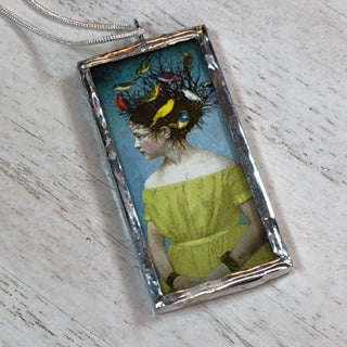 Handmade Double-Sided Glass and Silver Soldered Charm Pendant Necklace - 1"x 2" - Silvergleem Finish - Where Did All These Birds Come From?