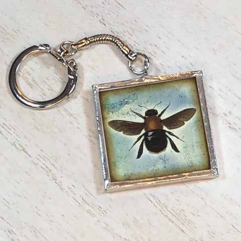 Handmade Glass and Silver Soldered Double-Sided Keychain - Lead Free Pewter Finish - Red Spotted Beetle and Bee