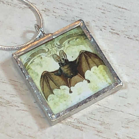 Handmade Double-Sided Glass and Silver Soldered Charm Pendant Necklace - 1"x 1" - Pewter Finish - Black Cat and Bat
