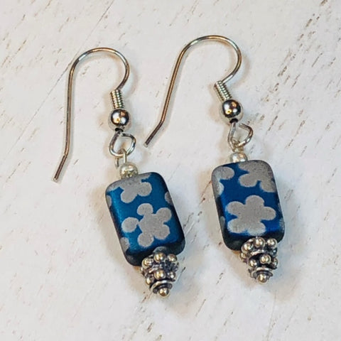 Handmade Czech Glass Earrings - Silver Flowers on Blue Field - Jenn Ross Designs