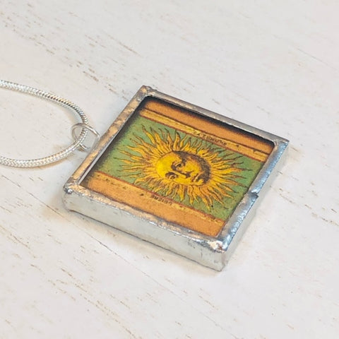 Handmade Double-Sided Glass and Silver Soldered Charm Pendant Necklace- 1"x 1" - Pewter Finish - Sun and Palm