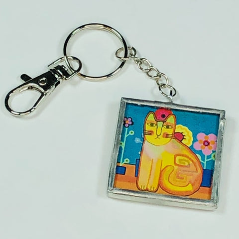 Handmade Glass and Silver Soldered Reversible Keychain - Lead Free Pewter Finish - Funky Cats