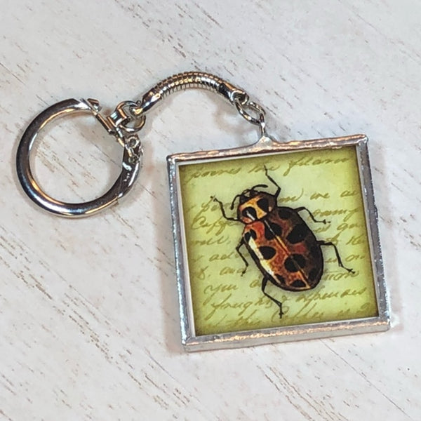 Handmade Glass and Silver Soldered Double-Sided Keychain - Lead Free Pewter Finish - Red Spotted Beetle and Bee