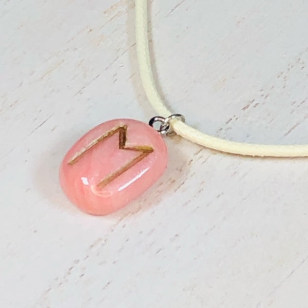 Handmade Polymer Clay Rune Pendant - Faux Rose Quartz - Ehwaz