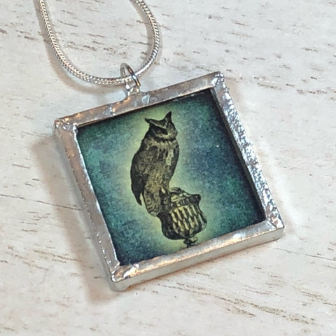Handmade Double-Sided Glass and Silver Soldered Charm Pendant Necklace - 1"x 1" - Pewter Finish - Perching Owl and Owl Potion